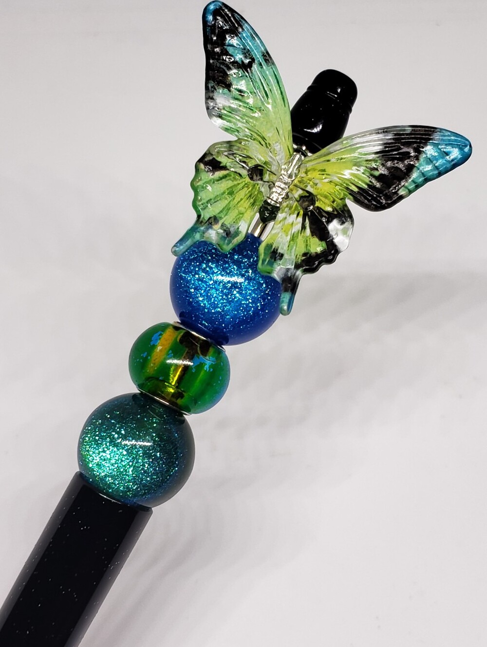 Handmade Black Green Blue Glitter Beaded Butterfly Pen